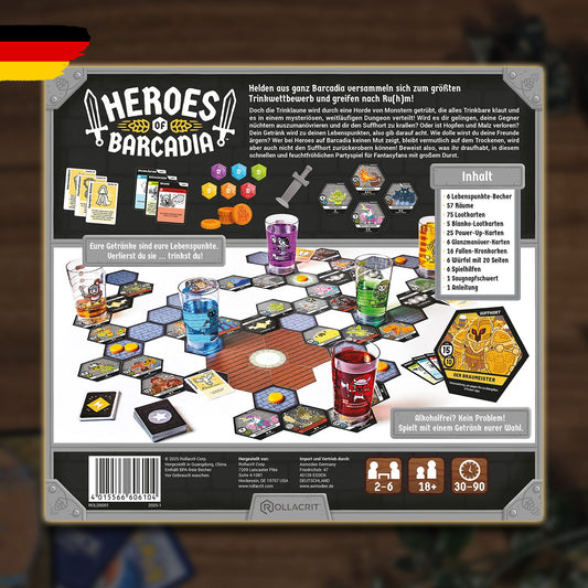 Heroes of Barcadia Spiel- und Boxinhalt, Verpackungsrückseite