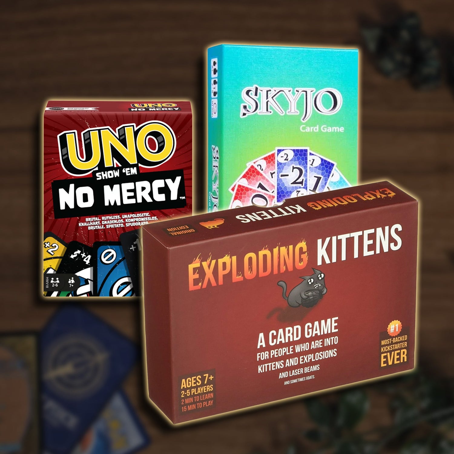Kartenspiele: Uno, Skyjo, Exploding Kittens